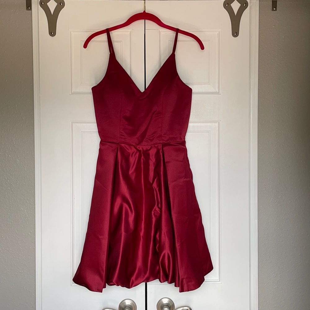 PromGirl Burgundy A Line Satin Prom Dress